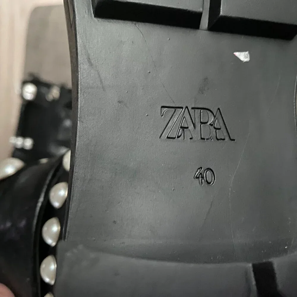 Zara Black Leather Pearl Studded Straps Lace Up Combat Goth Y2K Military Boots 9
